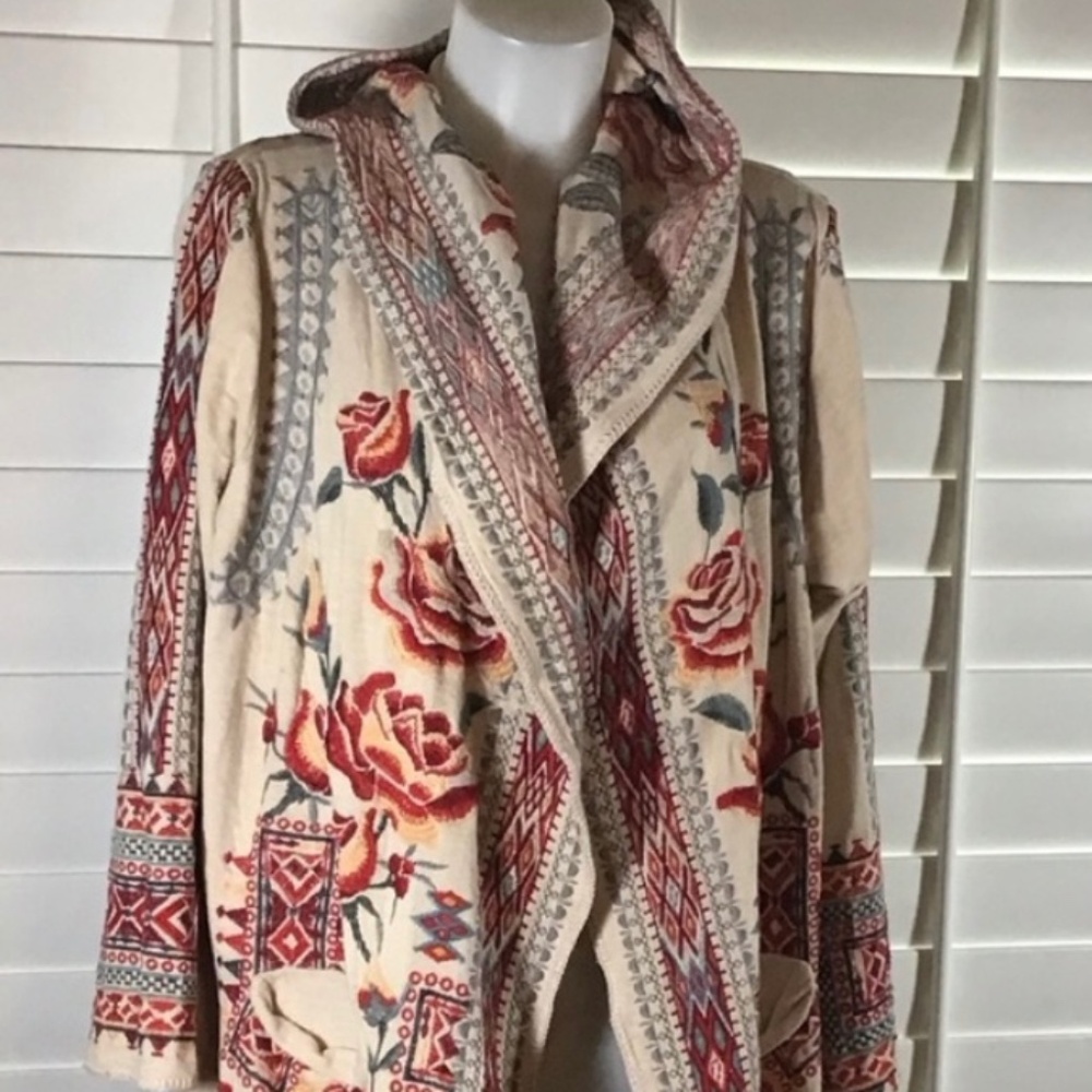Johnny Was XL MIDI hoodie 💯% cotton heavily  embroidered draped wrap jacket - Picture 4 of 16